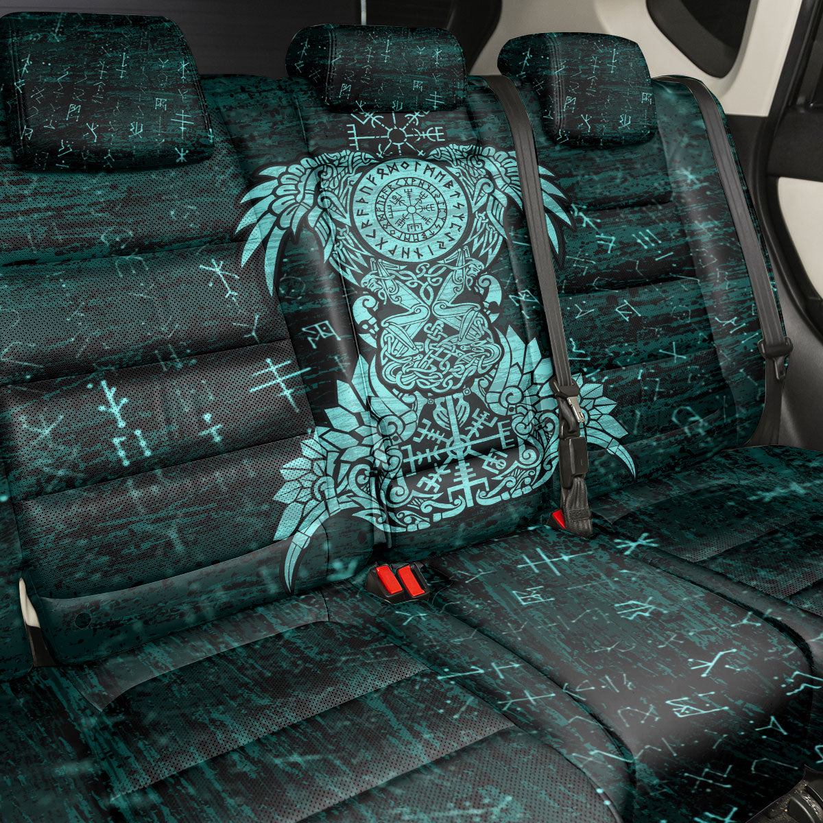Valknut Ravens and Vegvisir Helm of Awe Back Car Seat Cover Viking Nordic Celtic Knotwork Turquoise Runic Art