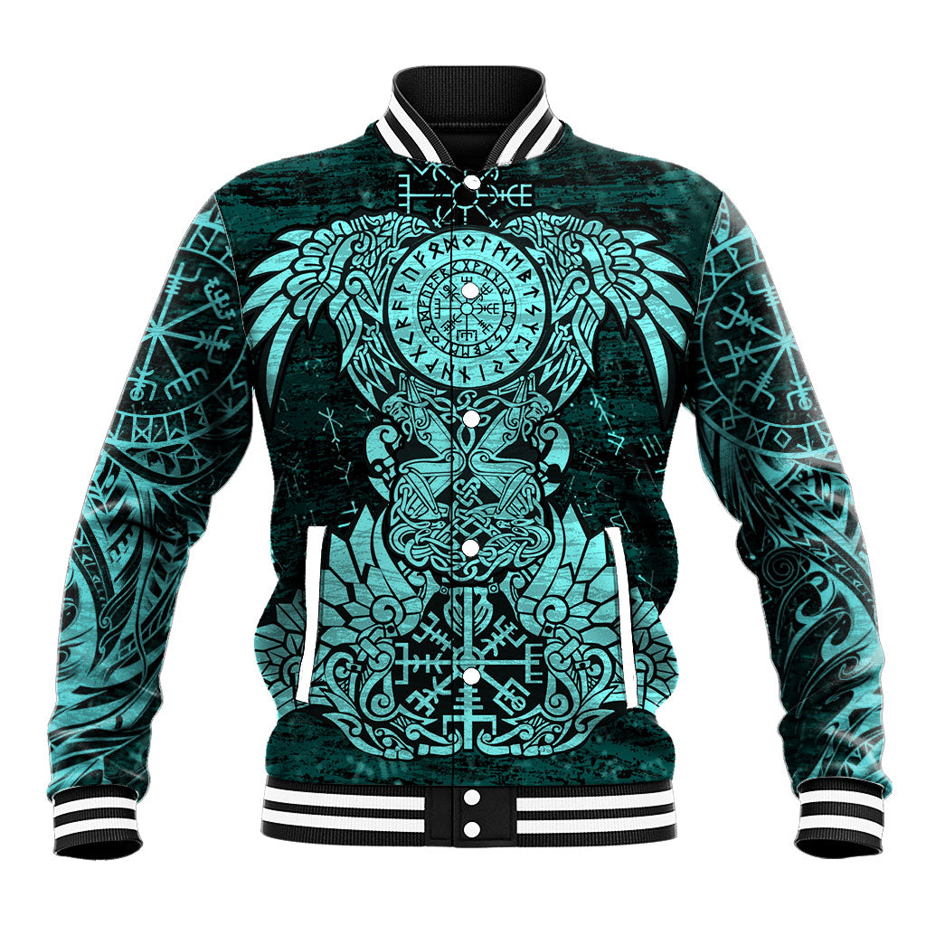 Valknut Ravens and Vegvisir Helm of Awe Baseball Jacket Viking Nordic Celtic Knotwork Turquoise Runic Art