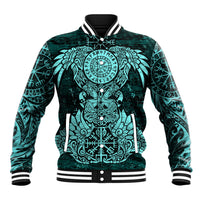 Valknut Ravens and Vegvisir Helm of Awe Baseball Jacket Viking Nordic Celtic Knotwork Turquoise Runic Art