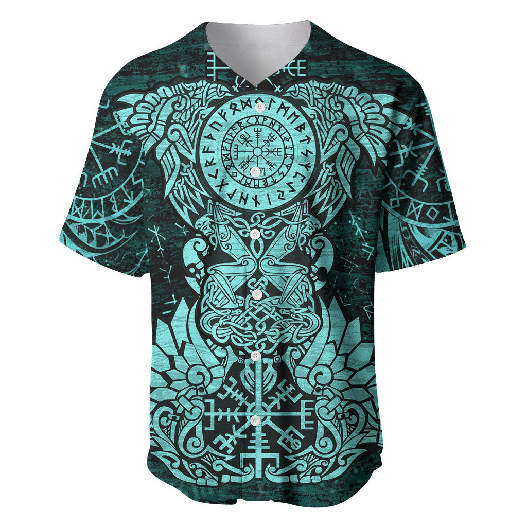 Valknut Ravens and Vegvisir Helm of Awe Baseball Jersey Viking Nordic Celtic Knotwork Turquoise Runic Art