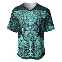 Valknut Ravens and Vegvisir Helm of Awe Baseball Jersey Viking Nordic Celtic Knotwork Turquoise Runic Art