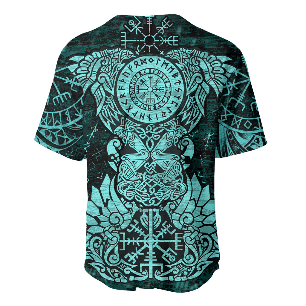 Valknut Ravens and Vegvisir Helm of Awe Baseball Jersey Viking Nordic Celtic Knotwork Turquoise Runic Art