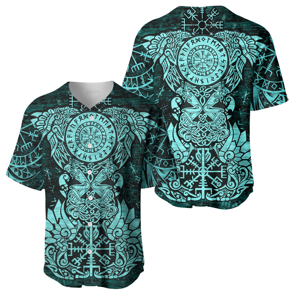 Valknut Ravens and Vegvisir Helm of Awe Baseball Jersey Viking Nordic Celtic Knotwork Turquoise Runic Art