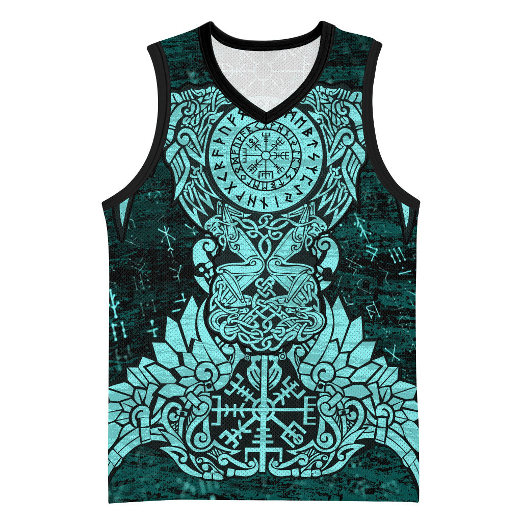 Valknut Ravens and Vegvisir Helm of Awe Basketball Jersey Viking Nordic Celtic Knotwork Turquoise Runic Art