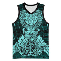 Valknut Ravens and Vegvisir Helm of Awe Basketball Jersey Viking Nordic Celtic Knotwork Turquoise Runic Art
