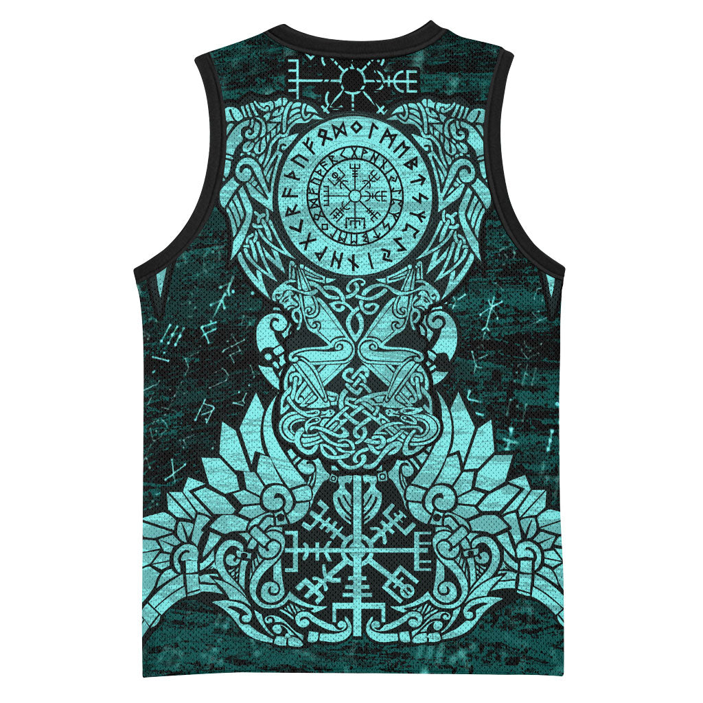 Valknut Ravens and Vegvisir Helm of Awe Basketball Jersey Viking Nordic Celtic Knotwork Turquoise Runic Art