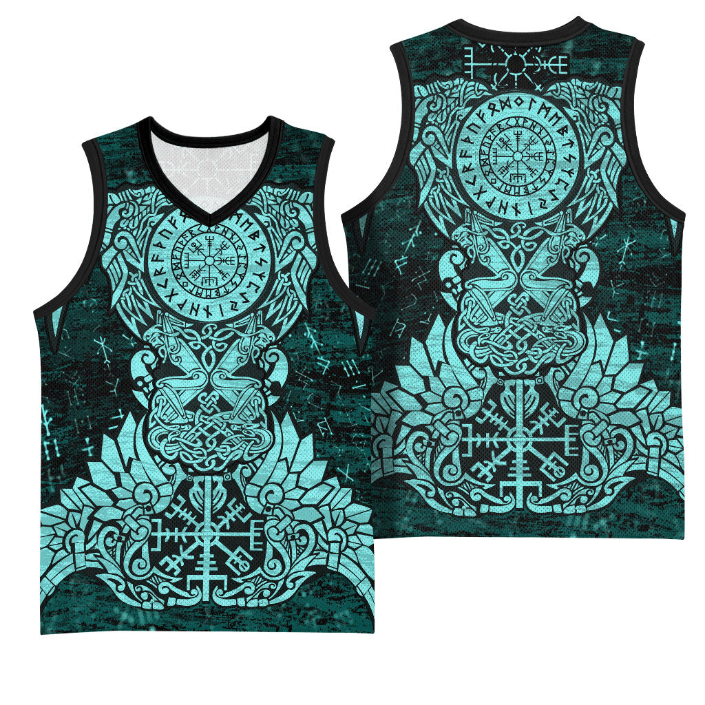 Valknut Ravens and Vegvisir Helm of Awe Basketball Jersey Viking Nordic Celtic Knotwork Turquoise Runic Art