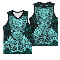 Valknut Ravens and Vegvisir Helm of Awe Basketball Jersey Viking Nordic Celtic Knotwork Turquoise Runic Art