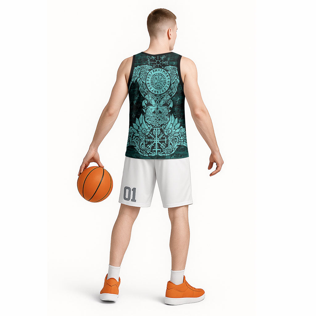 Valknut Ravens and Vegvisir Helm of Awe Basketball Jersey Viking Nordic Celtic Knotwork Turquoise Runic Art