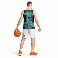 Valknut Ravens and Vegvisir Helm of Awe Basketball Jersey Viking Nordic Celtic Knotwork Turquoise Runic Art