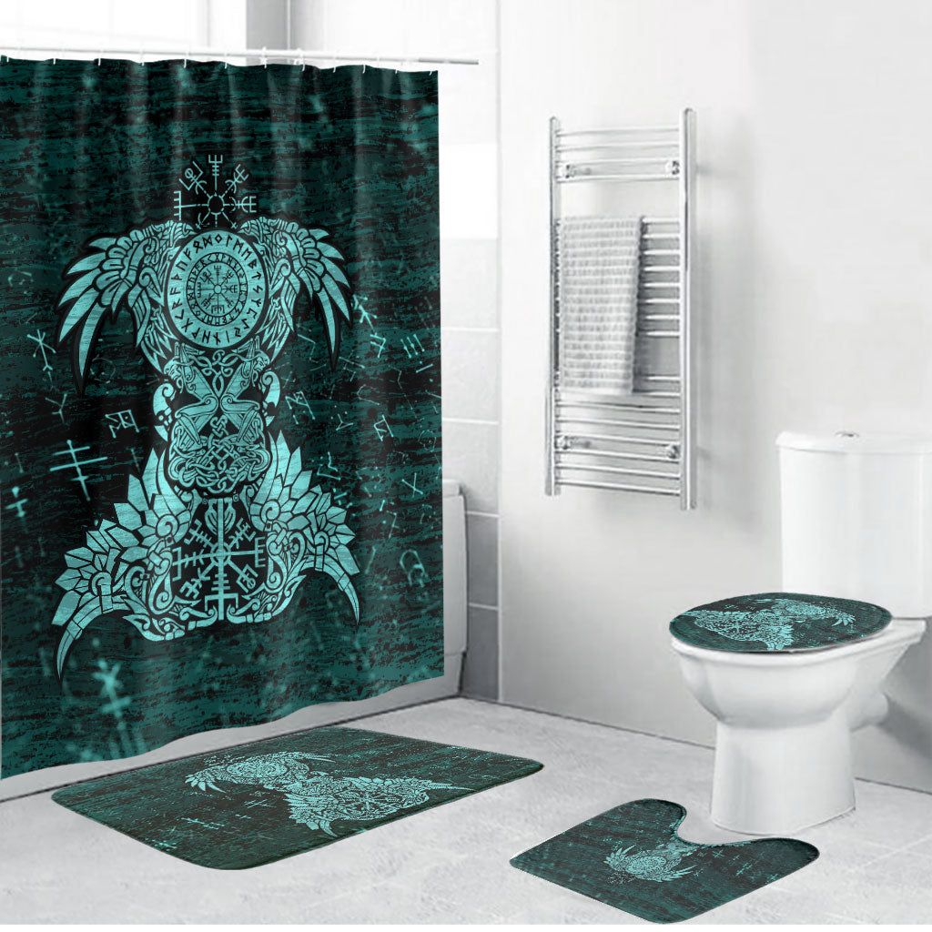 Valknut Ravens and Vegvisir Helm of Awe Bathroom Set Viking Nordic Celtic Knotwork Turquoise Runic Art