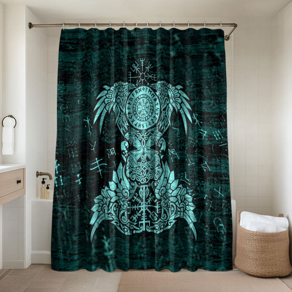 Valknut Ravens and Vegvisir Helm of Awe Bathroom Set Viking Nordic Celtic Knotwork Turquoise Runic Art