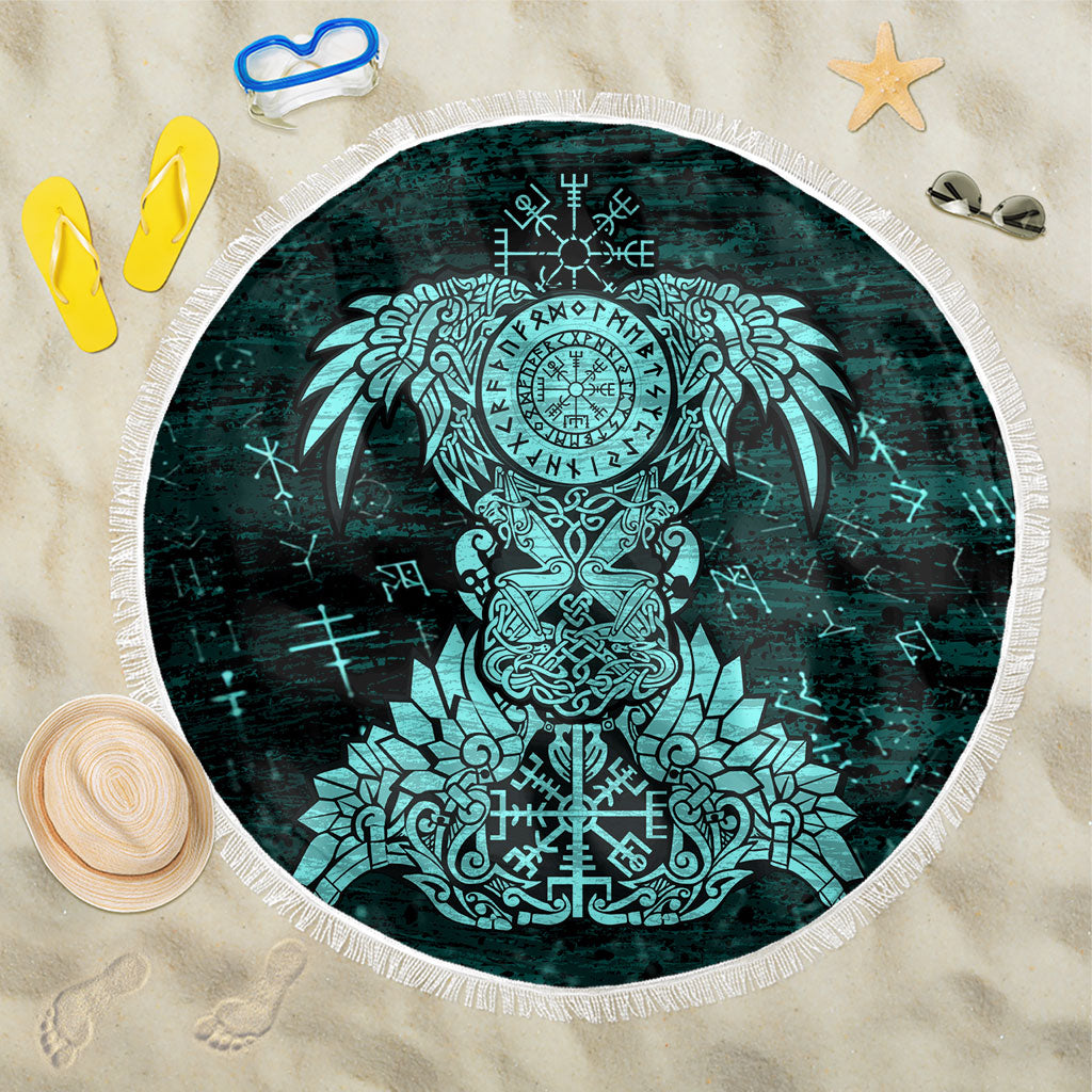 Valknut Ravens and Vegvisir Helm of Awe Beach Blanket Viking Nordic Celtic Knotwork Turquoise Runic Art