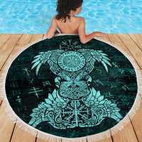 Valknut Ravens and Vegvisir Helm of Awe Beach Blanket Viking Nordic Celtic Knotwork Turquoise Runic Art