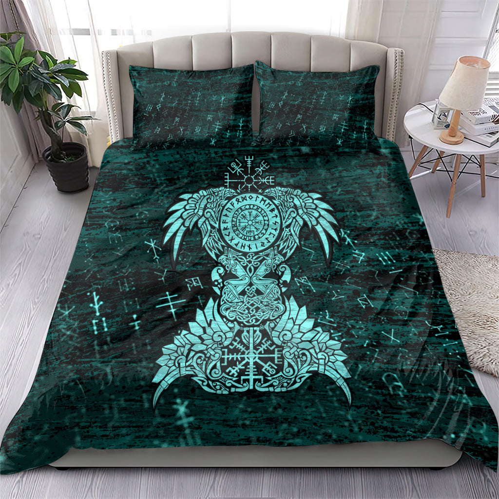 Valknut Ravens and Vegvisir Helm of Awe Bedding Set Viking Nordic Celtic Knotwork Turquoise Runic Art