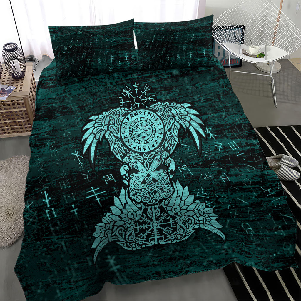 Valknut Ravens and Vegvisir Helm of Awe Bedding Set Viking Nordic Celtic Knotwork Turquoise Runic Art