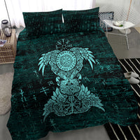 Valknut Ravens and Vegvisir Helm of Awe Bedding Set Viking Nordic Celtic Knotwork Turquoise Runic Art