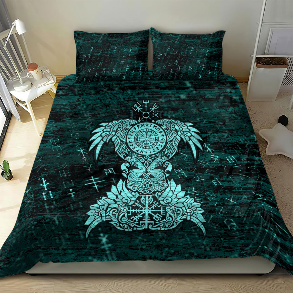 Valknut Ravens and Vegvisir Helm of Awe Bedding Set Viking Nordic Celtic Knotwork Turquoise Runic Art