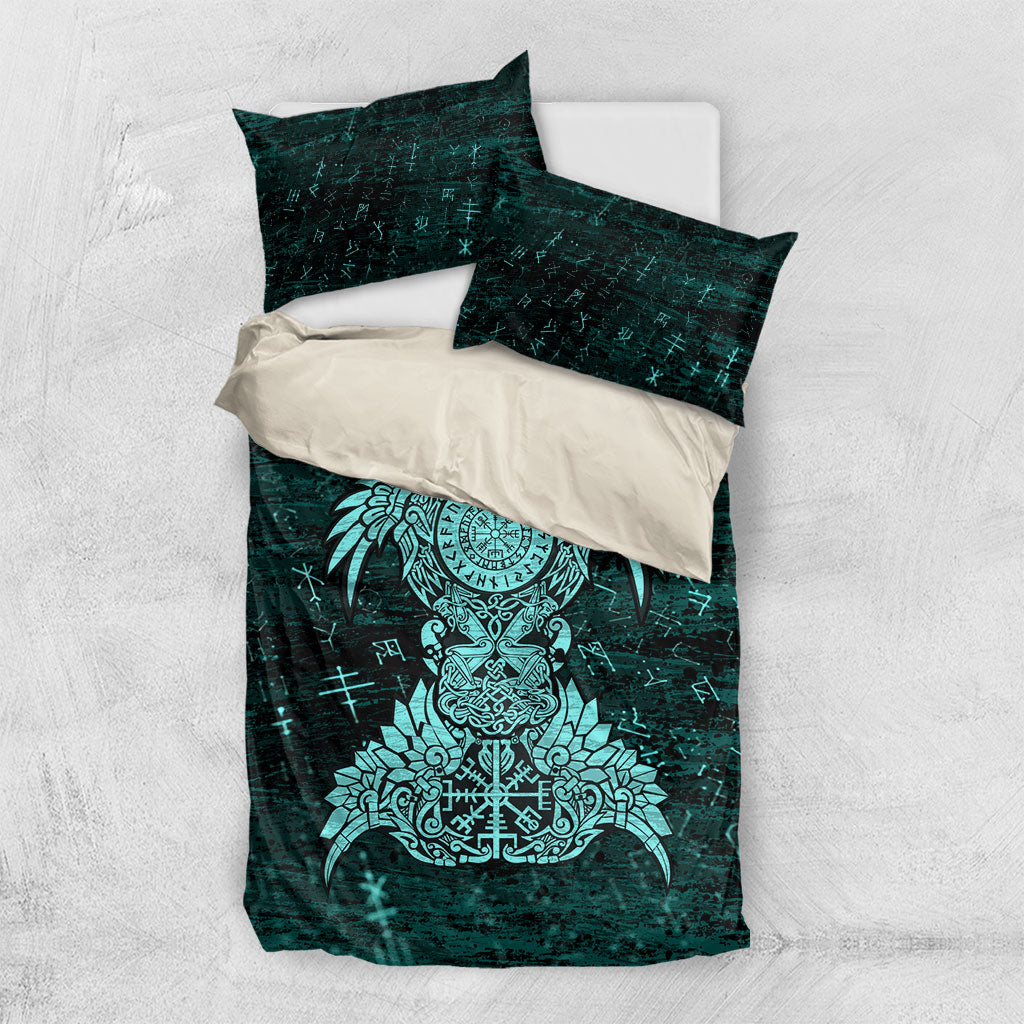 Valknut Ravens and Vegvisir Helm of Awe Bedding Set Viking Nordic Celtic Knotwork Turquoise Runic Art