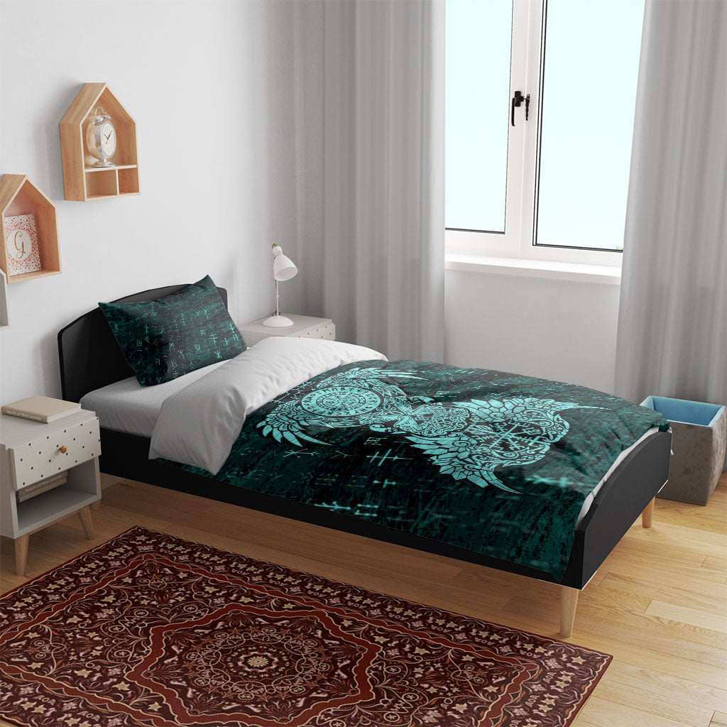 Valknut Ravens and Vegvisir Helm of Awe Bedding Set Viking Nordic Celtic Knotwork Turquoise Runic Art