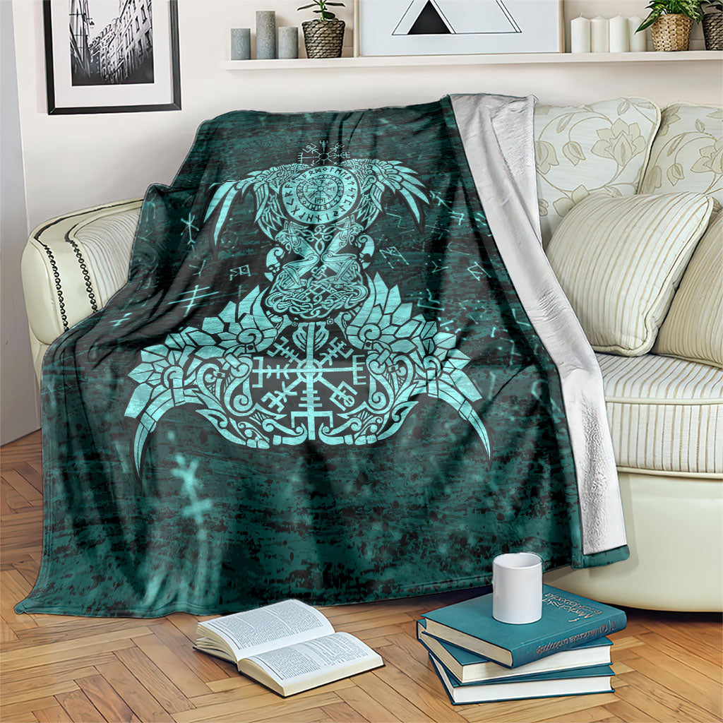 Valknut Ravens and Vegvisir Helm of Awe Blanket Viking Nordic Celtic Knotwork Turquoise Runic Art