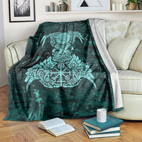 Valknut Ravens and Vegvisir Helm of Awe Blanket Viking Nordic Celtic Knotwork Turquoise Runic Art