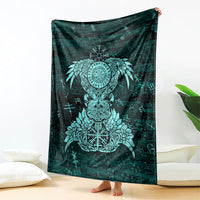 Valknut Ravens and Vegvisir Helm of Awe Blanket Viking Nordic Celtic Knotwork Turquoise Runic Art