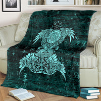 Valknut Ravens and Vegvisir Helm of Awe Blanket Viking Nordic Celtic Knotwork Turquoise Runic Art