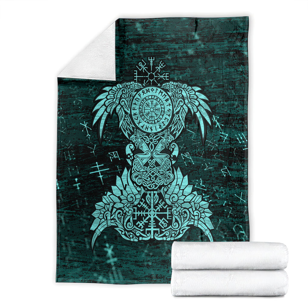 Valknut Ravens and Vegvisir Helm of Awe Blanket Viking Nordic Celtic Knotwork Turquoise Runic Art