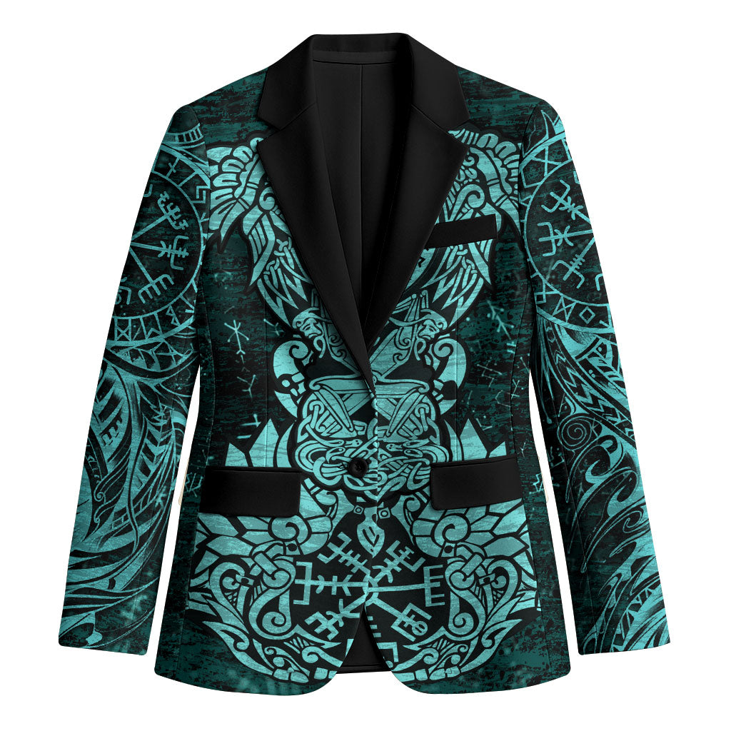 Valknut Ravens and Vegvisir Helm of Awe Blazer Viking Nordic Celtic Knotwork Turquoise Runic Art