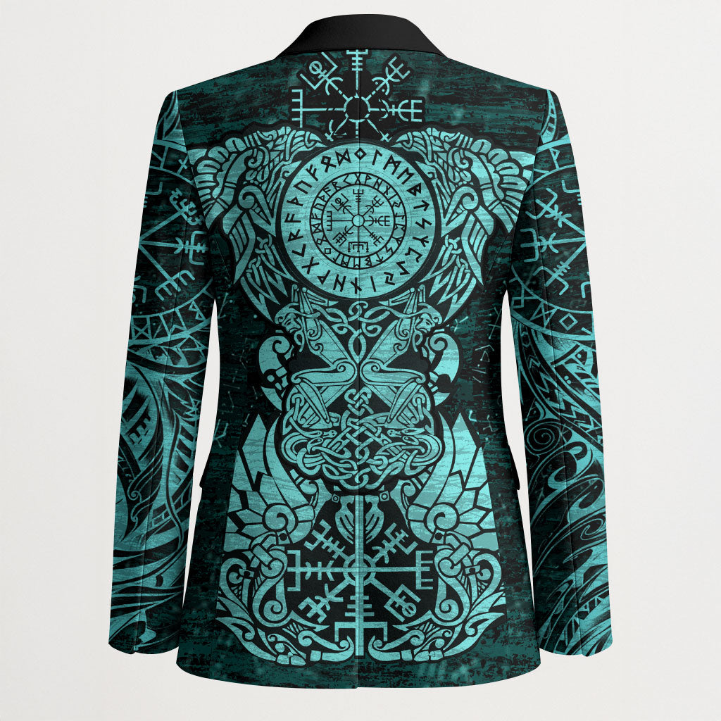Valknut Ravens and Vegvisir Helm of Awe Blazer Viking Nordic Celtic Knotwork Turquoise Runic Art