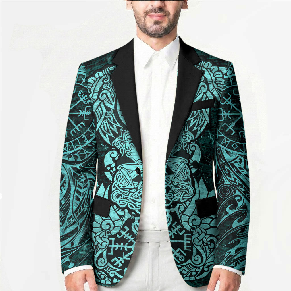 Valknut Ravens and Vegvisir Helm of Awe Blazer Viking Nordic Celtic Knotwork Turquoise Runic Art