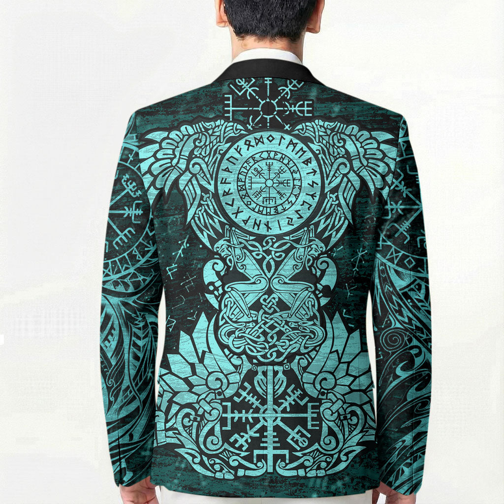 Valknut Ravens and Vegvisir Helm of Awe Blazer Viking Nordic Celtic Knotwork Turquoise Runic Art