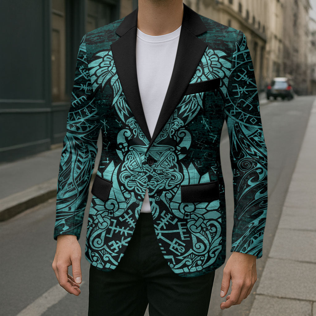 Valknut Ravens and Vegvisir Helm of Awe Blazer Viking Nordic Celtic Knotwork Turquoise Runic Art