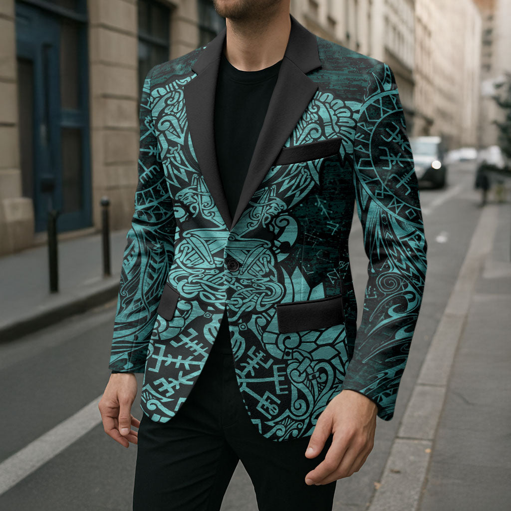 Valknut Ravens and Vegvisir Helm of Awe Blazer Viking Nordic Celtic Knotwork Turquoise Runic Art