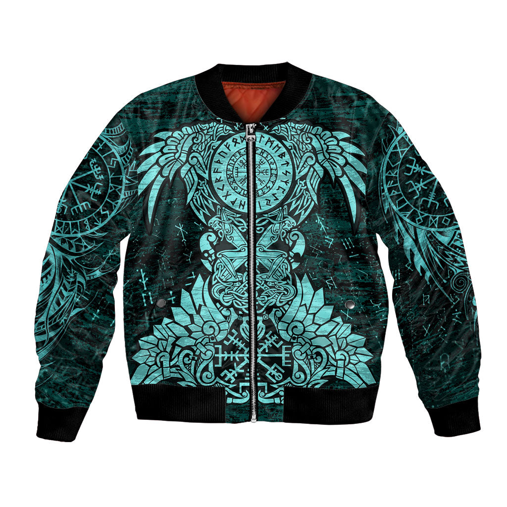 Valknut Ravens and Vegvisir Helm of Awe Bomber Jacket Viking Nordic Celtic Knotwork Turquoise Runic Art