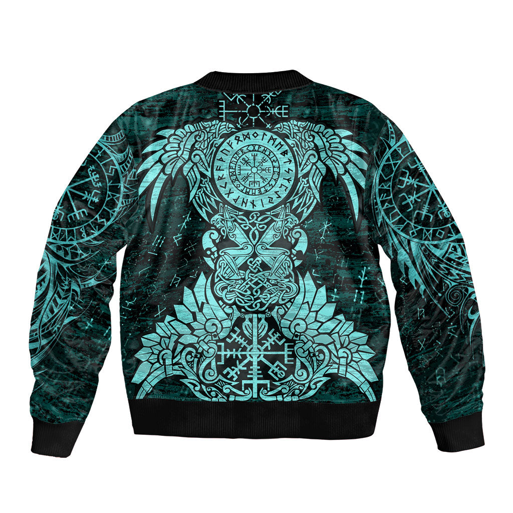 Valknut Ravens and Vegvisir Helm of Awe Bomber Jacket Viking Nordic Celtic Knotwork Turquoise Runic Art