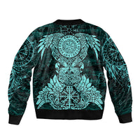 Valknut Ravens and Vegvisir Helm of Awe Bomber Jacket Viking Nordic Celtic Knotwork Turquoise Runic Art