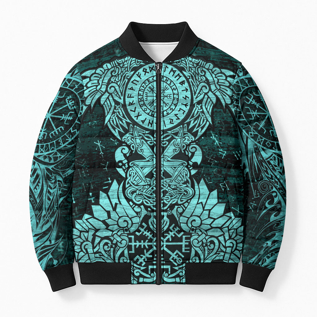 Valknut Ravens and Vegvisir Helm of Awe Bomber Puffer Jacket Viking Nordic Celtic Knotwork Turquoise Runic Art