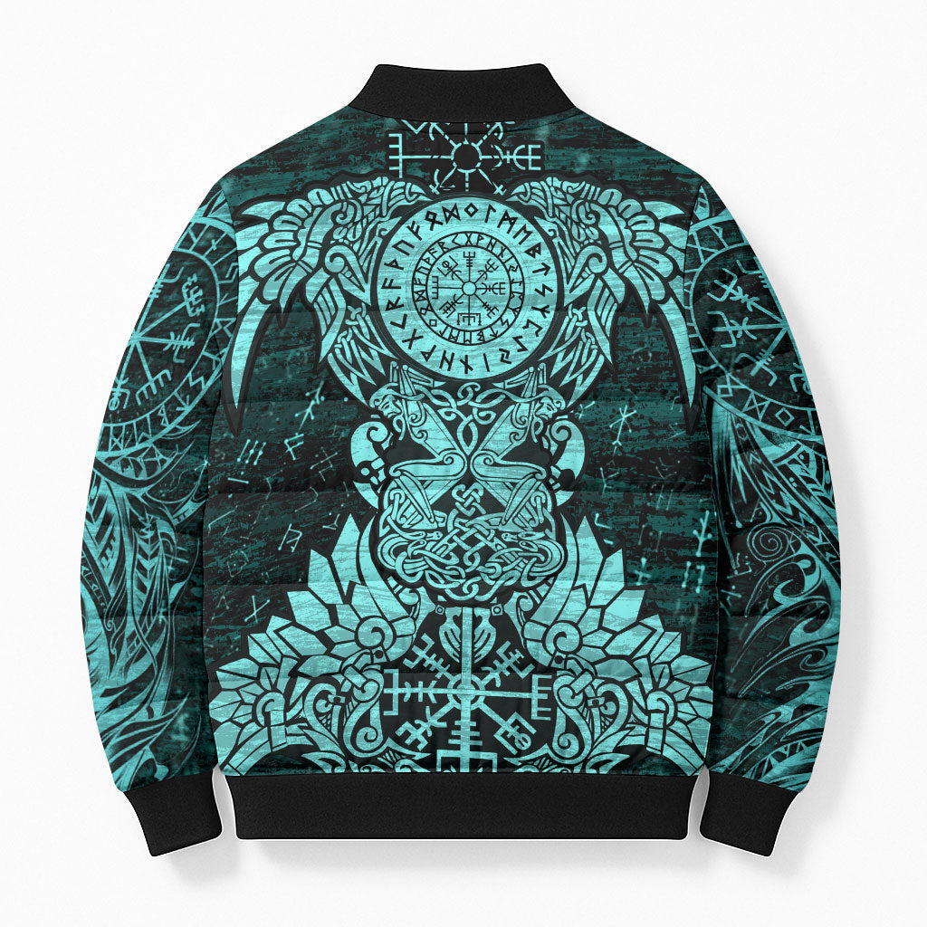 Valknut Ravens and Vegvisir Helm of Awe Bomber Puffer Jacket Viking Nordic Celtic Knotwork Turquoise Runic Art