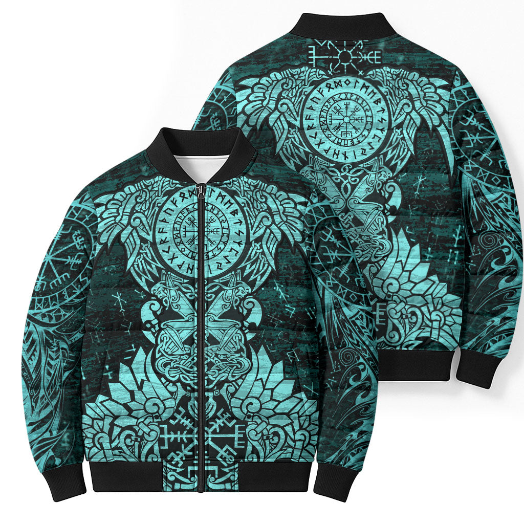 Valknut Ravens and Vegvisir Helm of Awe Bomber Puffer Jacket Viking Nordic Celtic Knotwork Turquoise Runic Art