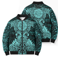 Valknut Ravens and Vegvisir Helm of Awe Bomber Puffer Jacket Viking Nordic Celtic Knotwork Turquoise Runic Art