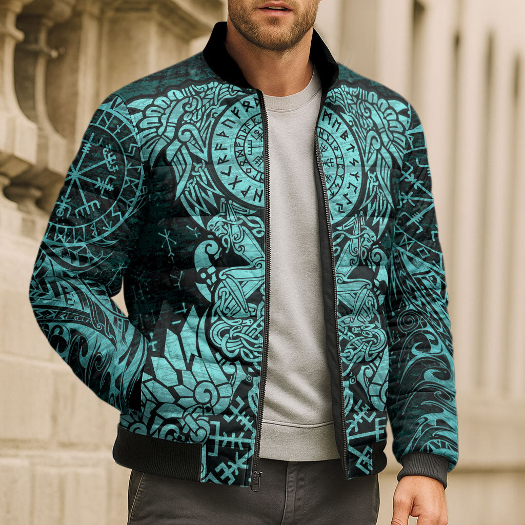 Valknut Ravens and Vegvisir Helm of Awe Bomber Puffer Jacket Viking Nordic Celtic Knotwork Turquoise Runic Art