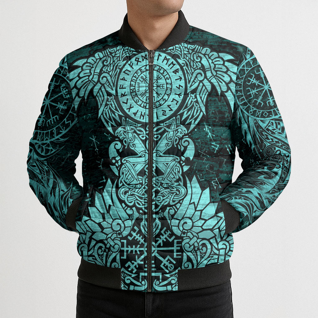Valknut Ravens and Vegvisir Helm of Awe Bomber Puffer Jacket Viking Nordic Celtic Knotwork Turquoise Runic Art