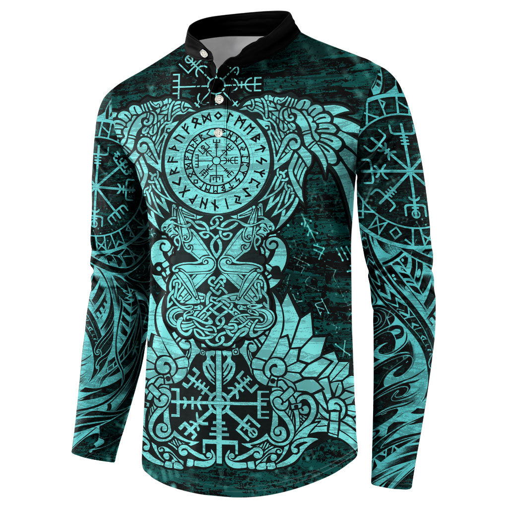 Valknut Ravens and Vegvisir Helm of Awe Button Sweatshirt Viking Nordic Celtic Knotwork Turquoise Runic Art