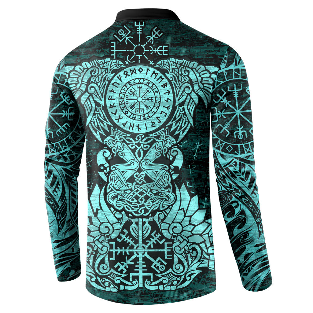 Valknut Ravens and Vegvisir Helm of Awe Button Sweatshirt Viking Nordic Celtic Knotwork Turquoise Runic Art