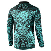 Valknut Ravens and Vegvisir Helm of Awe Button Sweatshirt Viking Nordic Celtic Knotwork Turquoise Runic Art