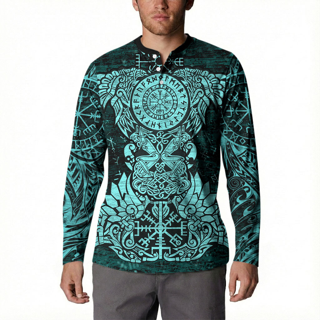 Valknut Ravens and Vegvisir Helm of Awe Button Sweatshirt Viking Nordic Celtic Knotwork Turquoise Runic Art