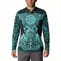 Valknut Ravens and Vegvisir Helm of Awe Button Sweatshirt Viking Nordic Celtic Knotwork Turquoise Runic Art
