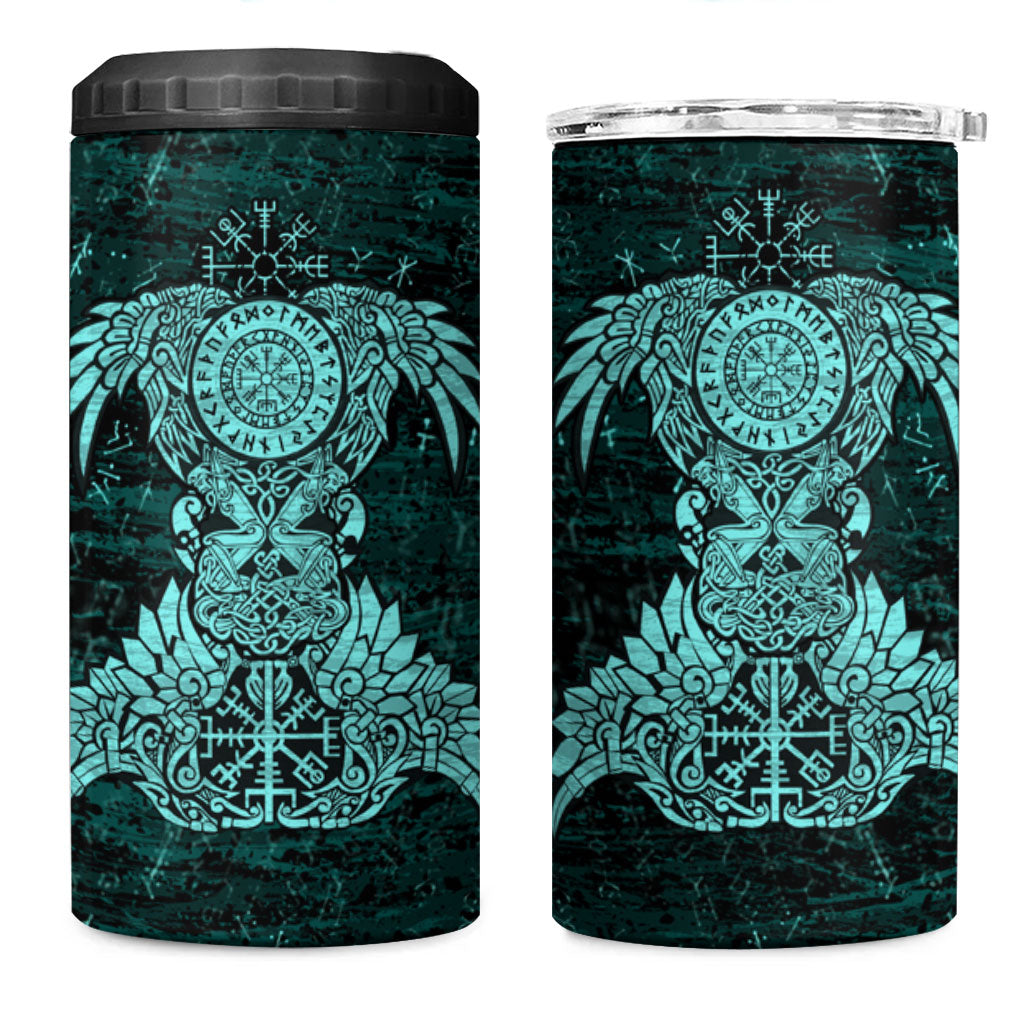 Valknut Ravens and Vegvisir Helm of Awe 4 in 1 Can Cooler Tumbler Viking Nordic Celtic Knotwork Turquoise Runic Art